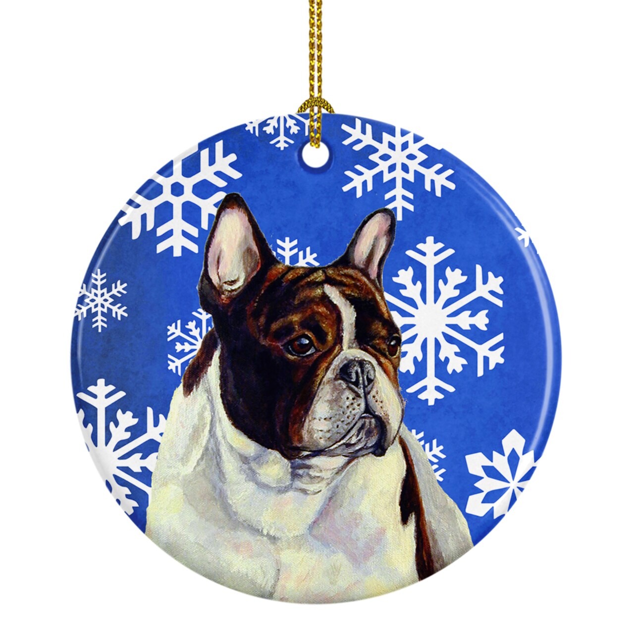 Caroline&#x27;s Treasures   LH9292-CO1 French Bulldog Winter Snowflakes Holiday Ceramic Ornament, 3 in, multicolor